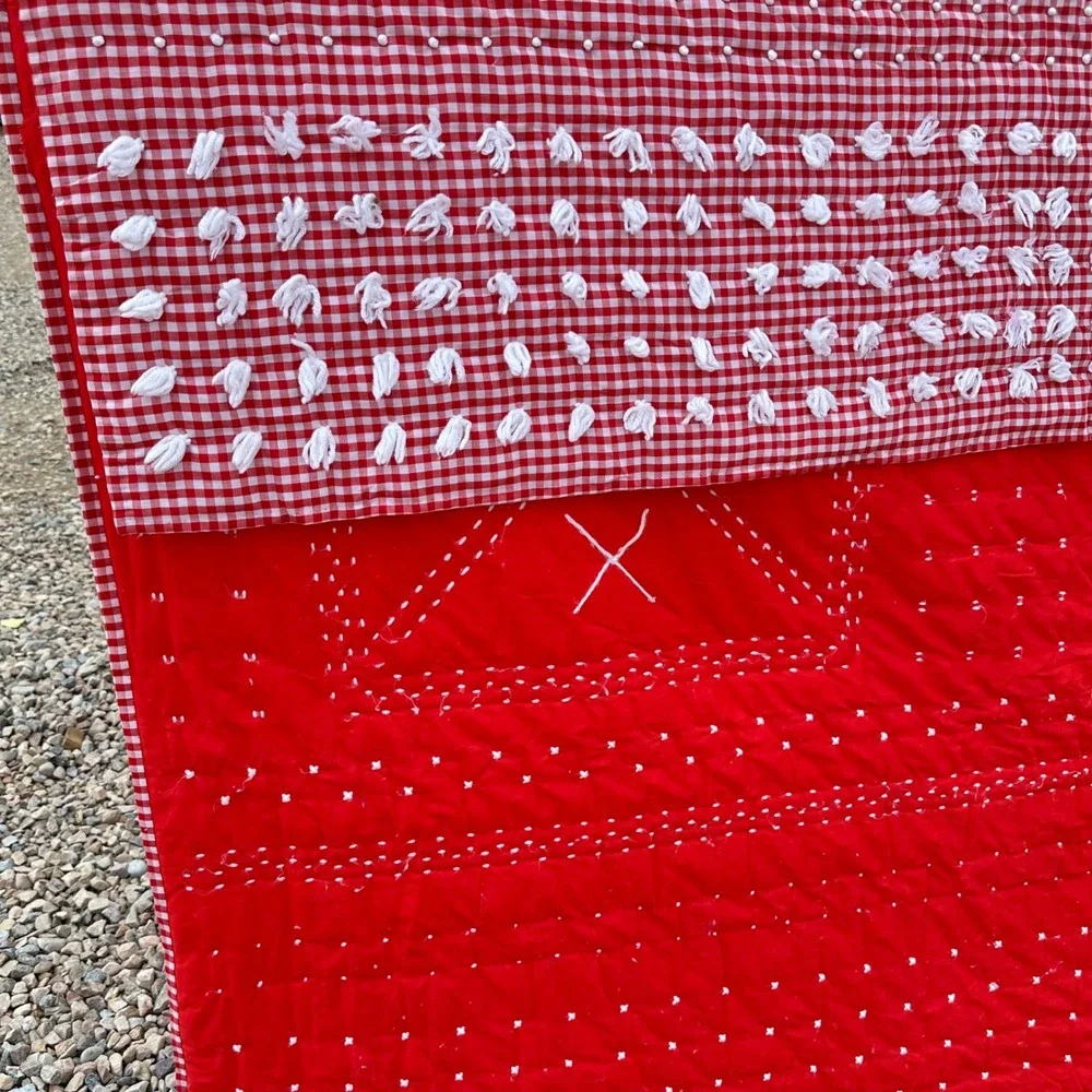 Vintage Hand Quilted Red Gingham Check Embroidery Tufted Blanket Quilt 84x62
